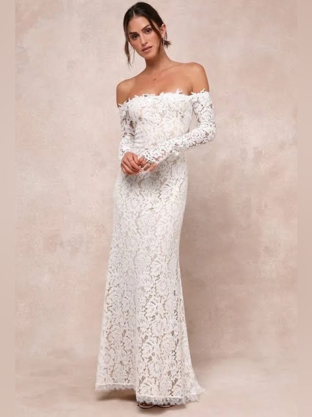 Lulu's Romance Dreamer White Lace Off-the-Shoulder Maxi Dress